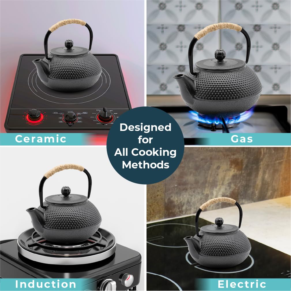 Zen Minded Teiera tradizionale giapponese in ghisa Tetsubin, set da 2 tazze, sottopentola, manico in corda e filtro in acciaio inox, per tè verde e infusi, 800 ml, motivo arare nero