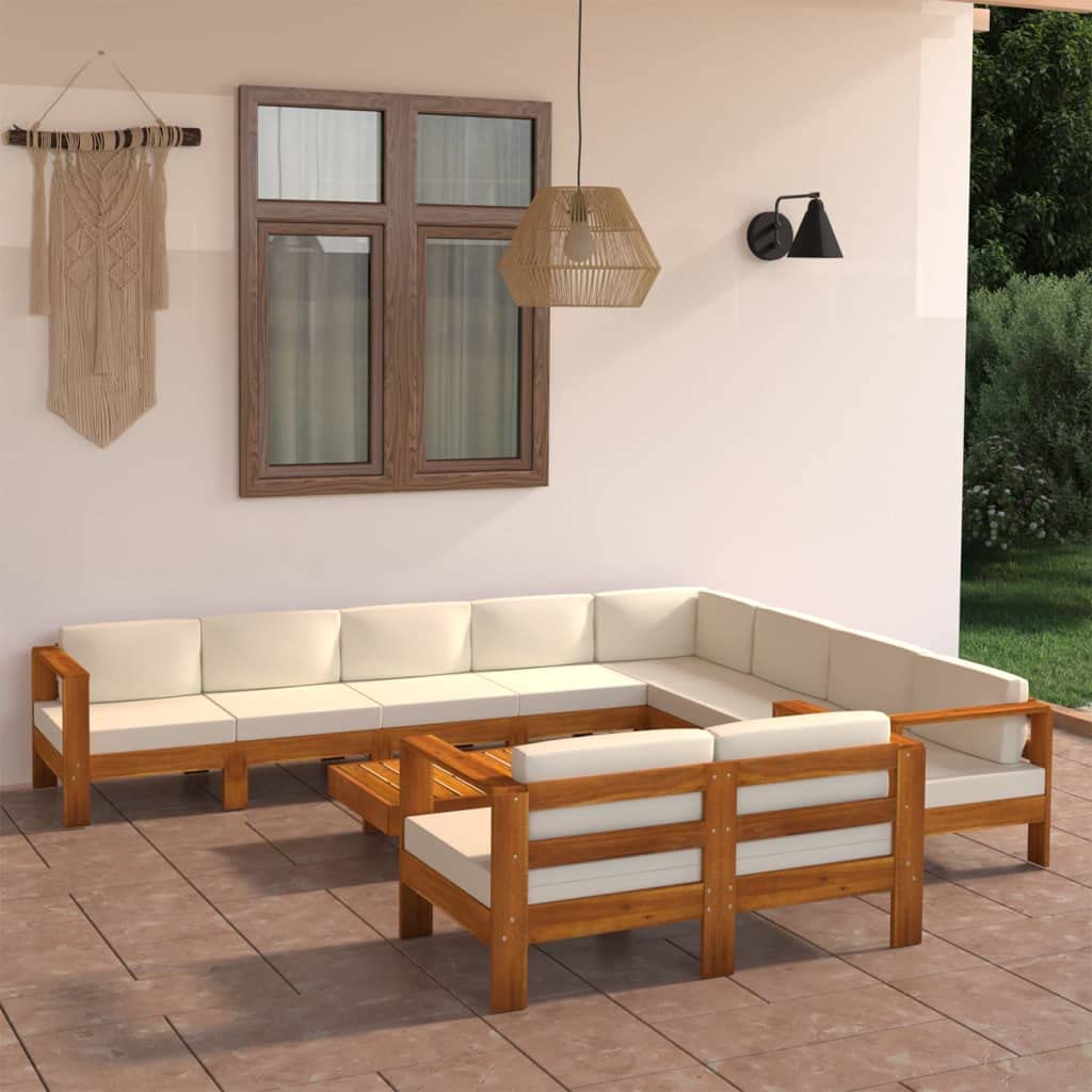 10-częściowy zestaw wypoczynkowy ogrodowy, lite drewno akacjowe, kremowo-białe poduszki, stół 100 x 60 cm, wytrzymała sofa outdoorowa na taras, balkon, werandę