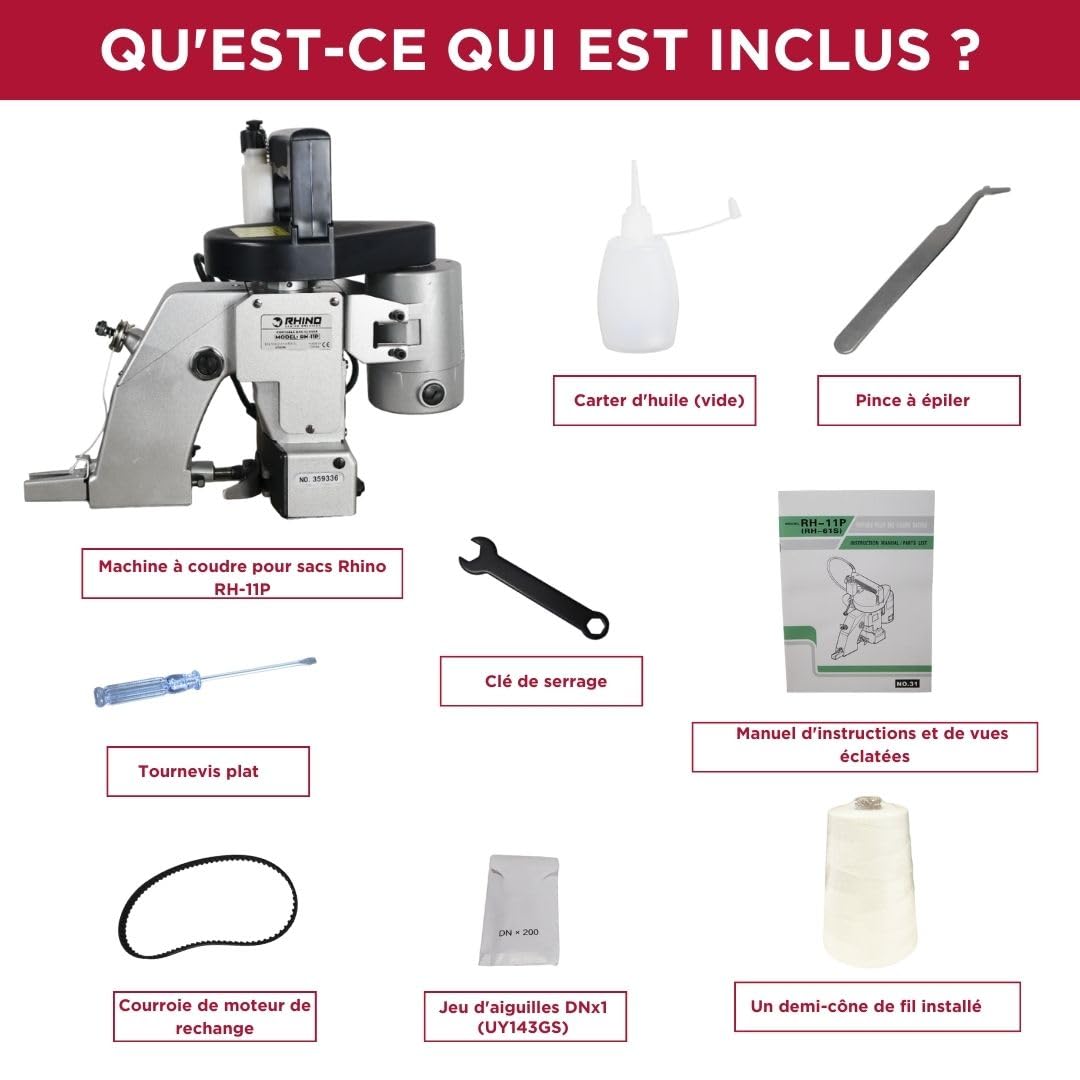 RHINO RH-11P Machine à coudre de sacs portable (1750 tr/min) | Machine à Coudre - Scelleuse de Sacs Manuelle 1 Aiguille pour Papier, Raphia, Toile, Polypropylène, Jute et tous types de Sacs et Sachets