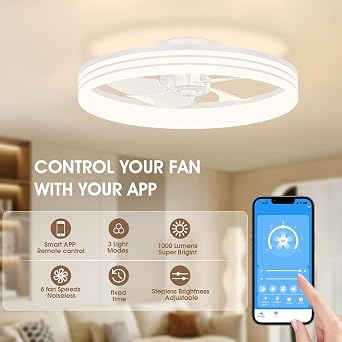 NIORSUN 50cm Ceiling Fans with Lights and APP Remote, 6 Speeds and 3000K-6500K Dimmable Quiet Ceiling Fan Light, Smart Modern LED Fan Lights Ceiling for Bedroom Dining Room Living Room (White) [Energy Class E]