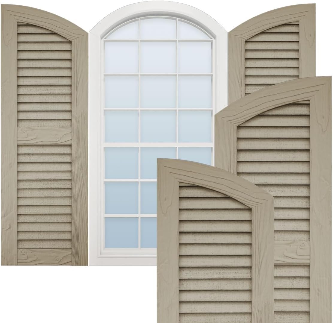 Ekena Millwork 15"W x 82"H (77" Low Side) Timberthane Sandblasted Two Equal Louver w/Elliptical Top Faux Wood Shutters (Per Pair), Primed Tan