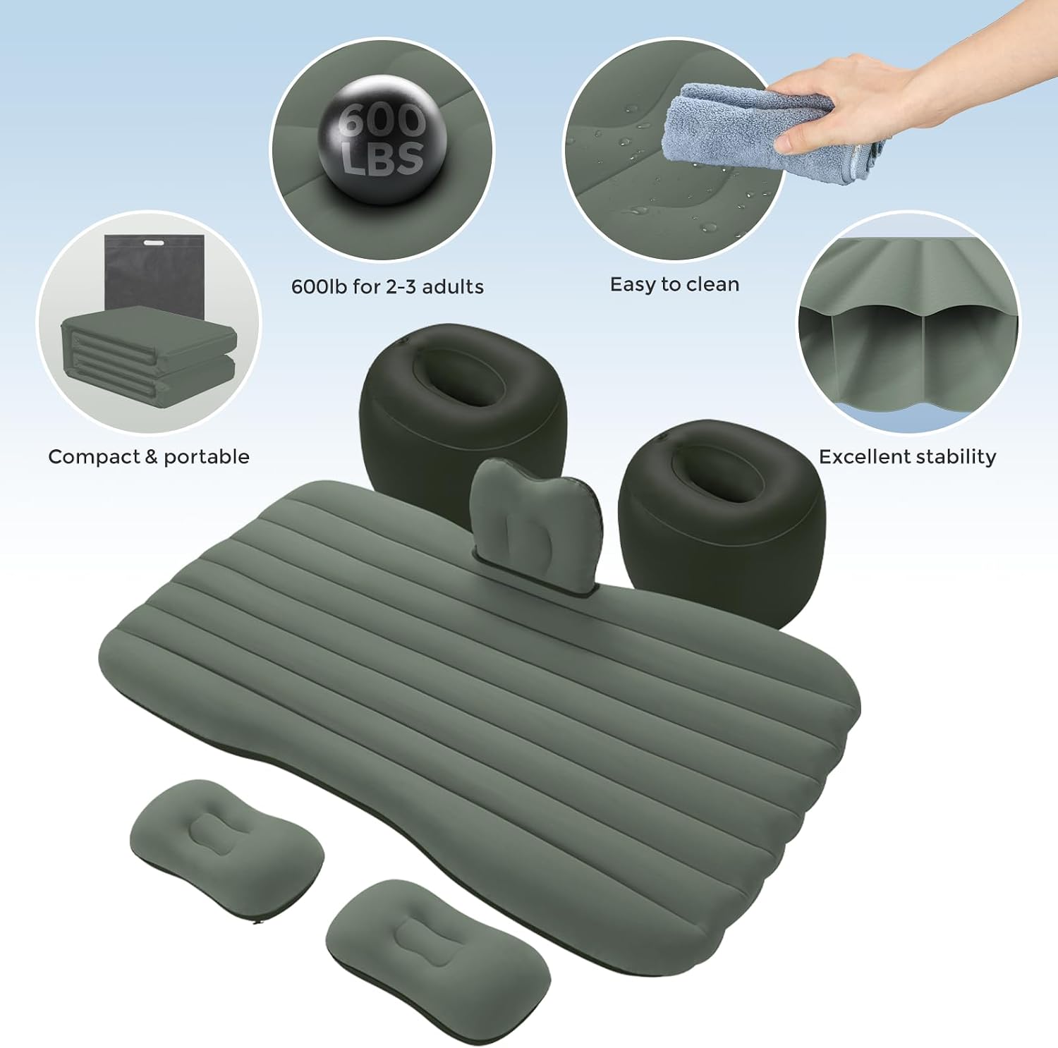 BEBAS Car Air Mattress, Thickened Inflatable Car Bed with Safety Side Wedge, Built-in Air Pump & 2 Pillows – Portable Foldable Back Seat Sleeping Pad for SUVs, Sedans, Travel & Camping | Green