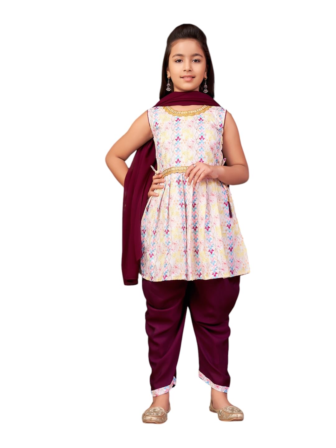 Aarika Girls Ethnic Wear Purple-White Colour Sequin Embroidery Lace Work Polycrepe Kurti Patiala Set With Dupatta-3-13 Years (Pt-5010)