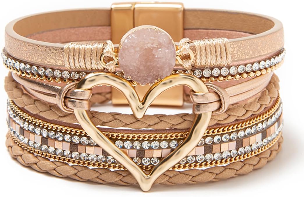 Rantanto Braid Leather Wrap Bracelet Trendy Stackable Crystal Cuff Boho Gold Heart Bracelet Jewelry Gift For Women