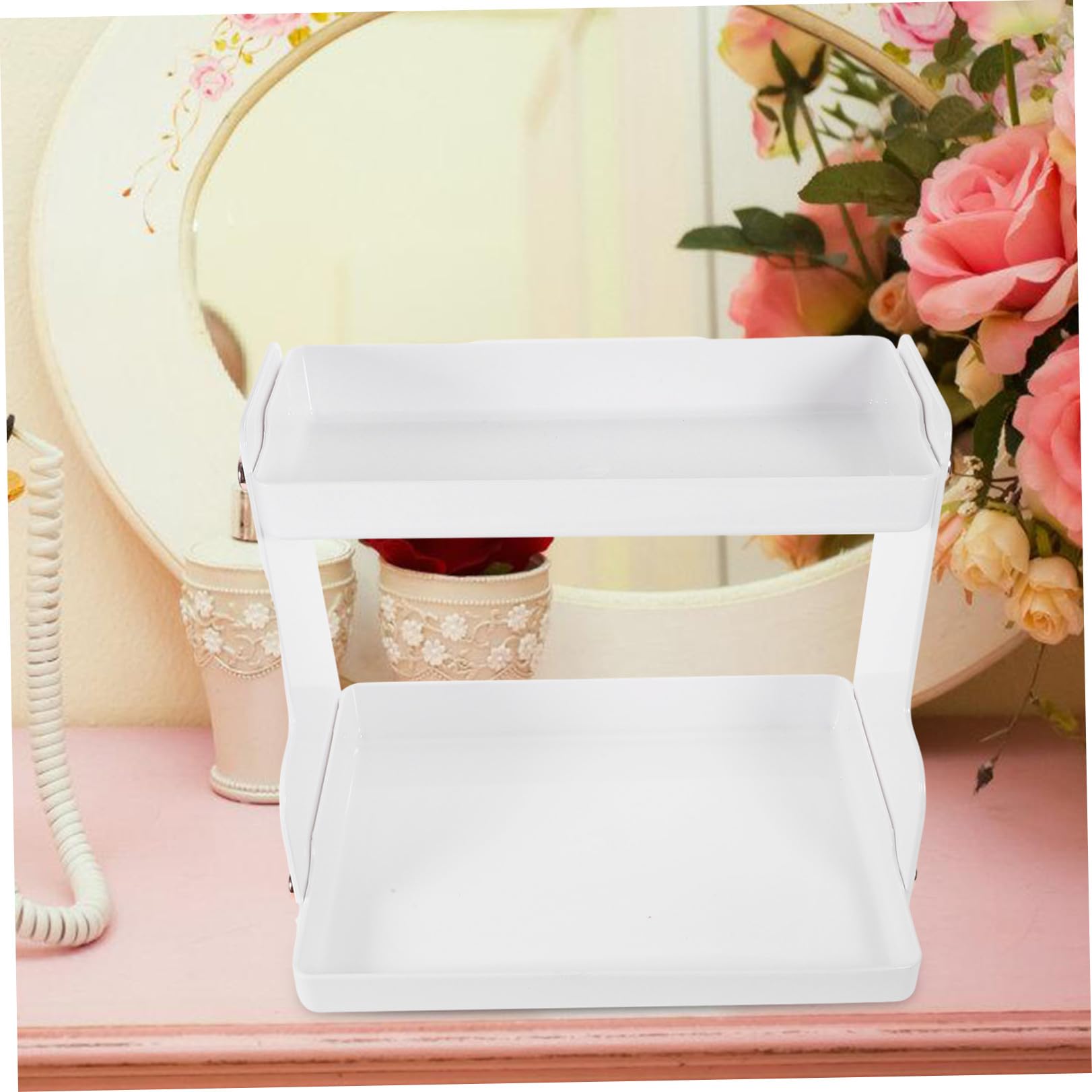 Organizzatore da Bagno a Doppio Ripiano Bianco in Acciaio Inossidabile e Pet, Scaffale da Appoggio per Cosmetici e Articoli da Toeletta, per Bagno e Comodino