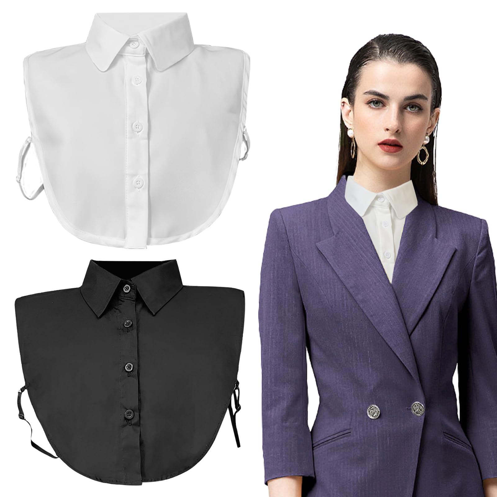 Nodcows Cuello Camisa Falsos Mujer, 2Pcs Cuello Falso Desmontable, Inserto de Cuello de Blusa, Falso Cuello Adecuado para Combinar con Vestidos Trajes Chaquetas Suéteres Uniformes (Blanco, Negro)