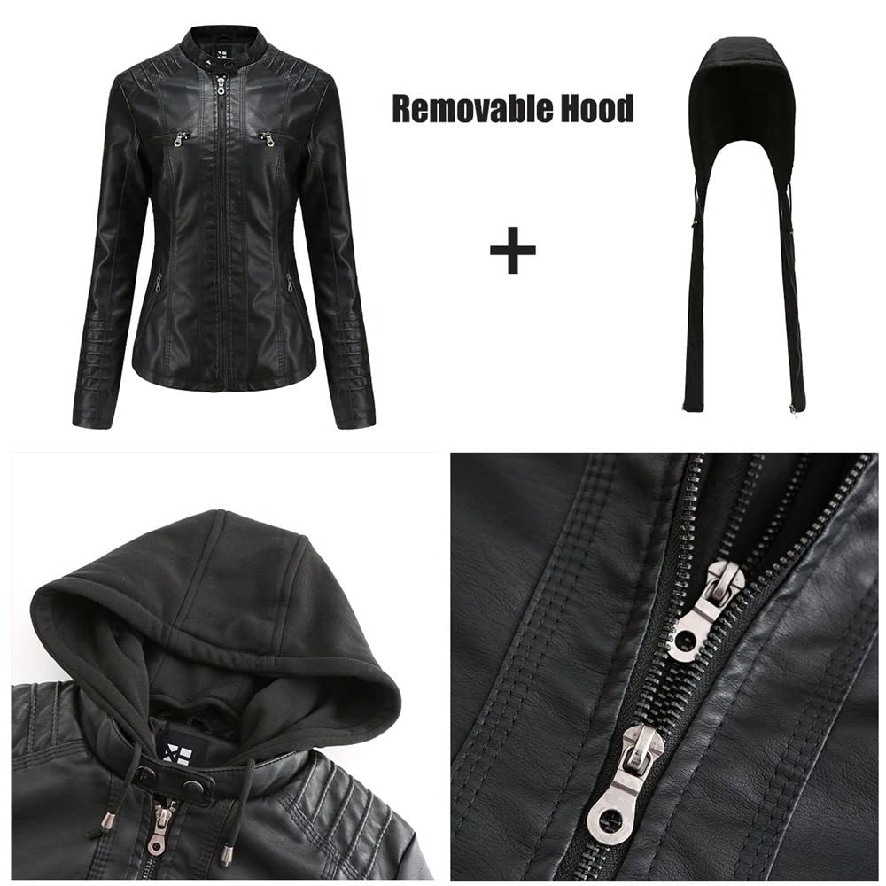 Lederjacke,Damen Kunstlederjacke Dunkelbraun Abnehmbare Kapuze Stehkragen Druckknopf Doppelreißverschluss Vintage Langarm Kurz Slim Fit Moto Biker Pu Mantel Bomber Motorrad Outwear Frühling Herbst