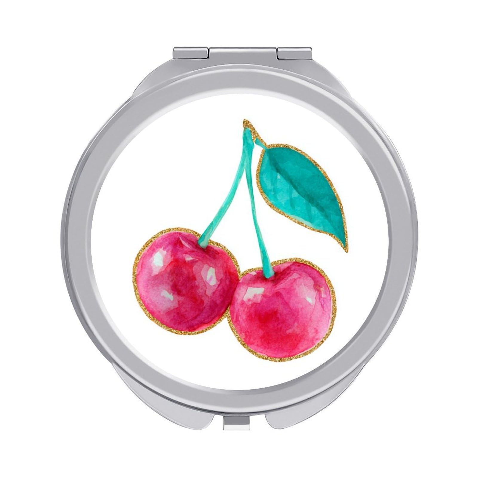 Jubonexis Cute Preppy Coastal Glossy Pink Cherry Pair Women Pocket Mirrors, Girls Small Portable Travel Makeup Mini Mirror
