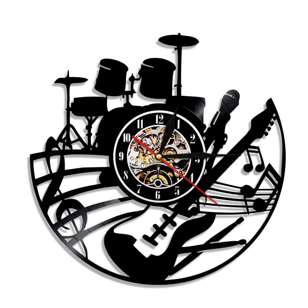 30cm Strumento musicale acustico Orologio da parete Disco in vinile Chitarra e batteria Kit Orologi Decorazioni per la casa Soggiorno Chitarrista Musica rock con 7 colori Cambia amici Regali Luci de