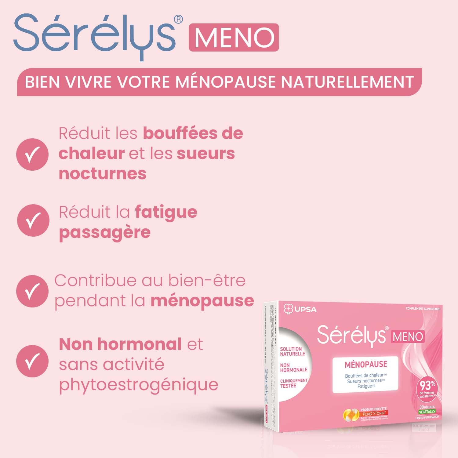 UPSA - Sérélys MENO - Complément Alimentaire Naturel - Désagréments de la Ménopause et Périménopause - Non hormonal - Bouffées de Chaleur, Fatigue - 30 Gélules Végétales - 1 mois
