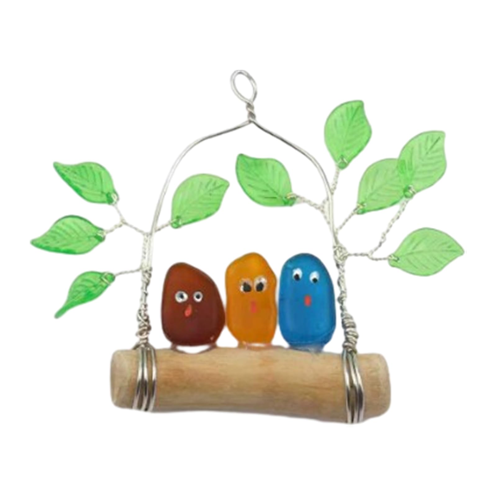 Porceosy Sea Glass Bird Wall Hanging, Multicolour Birds on Driftwood Branch, Handmade Coastal Ocean Decor, Unique Window Ornament Gift for Nature Lovers, for Home and Garden B