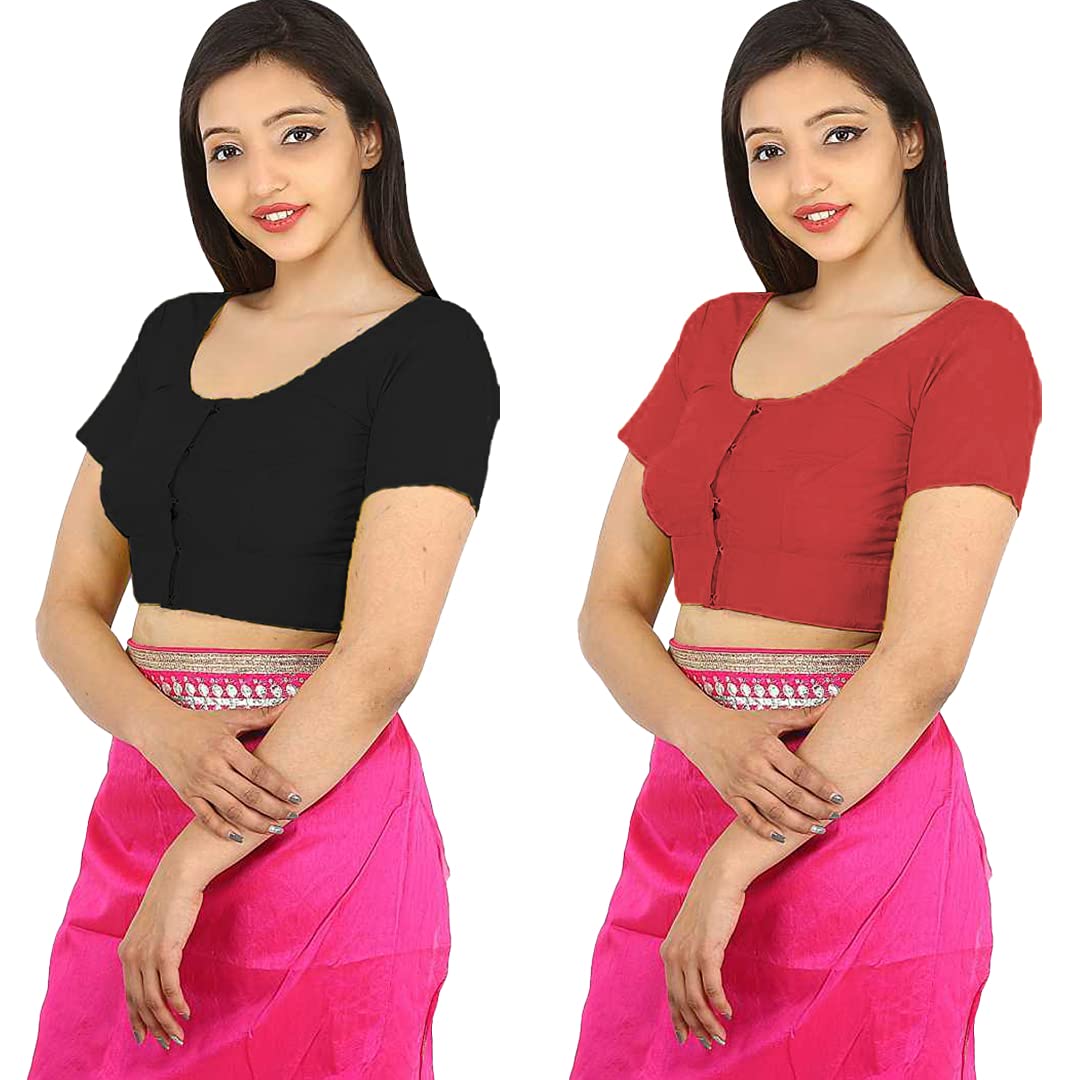 namita Women's Rubia Cotton Half Sleeve Readymade Blouse (U-COT-COM-2-BLACK-CHESTNUT-32_Black, Chestnut_32)-picture-27
