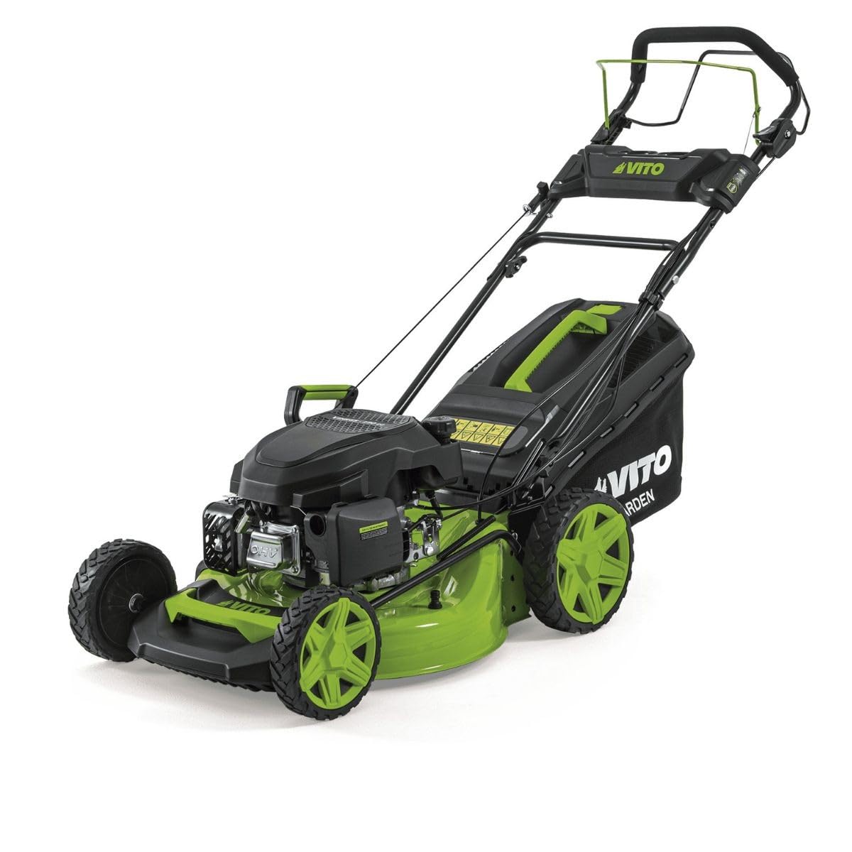VITO - Cortacésped térmico gasolina 4,5 CV 144 cc corte 46 cm bandeja 60 L Mulching 7 alturas 25 a 75 mm