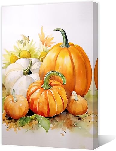 Miniatura 7 de QIXIANG Lienzo decorativo de otoño para pared, diseño de calabaza y girasol, pintura del día de Acción de Gracias, lienzo de cosecha de otoño, marco