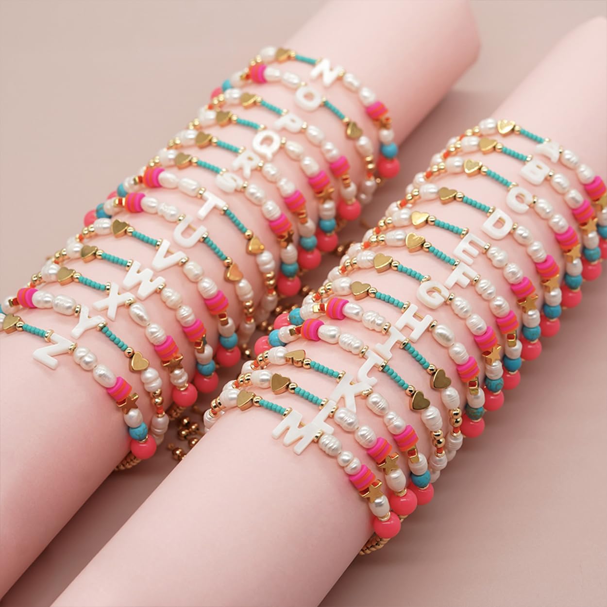 Valentines Day Initial Pearl Beaded Adjustable Bracelets for Women, Cute Handmade Gold Clay Beads Friendship Heart Letter Name Bracelet Holiday Beach Jewelry Friend Gift - Image 2