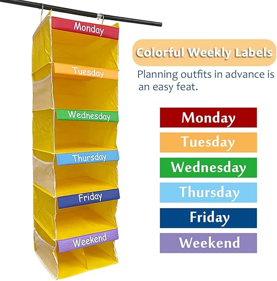 6-Shelf Weekly Hanging Closet Organizer with 6 Side Pockets, School Student Daily Activity Storage Supplies, 43 Hx12 W
