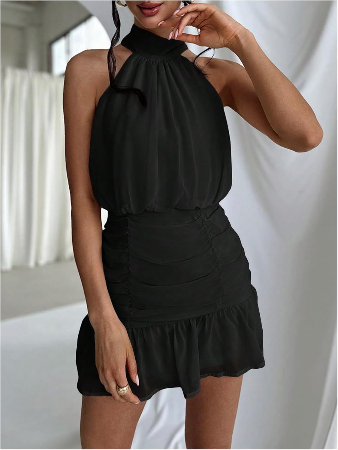 MakeMeChic Women's Ruched Halter Dress Tie Back Ruffle Sleeveless Bodycon Mini Dresses - Image 4