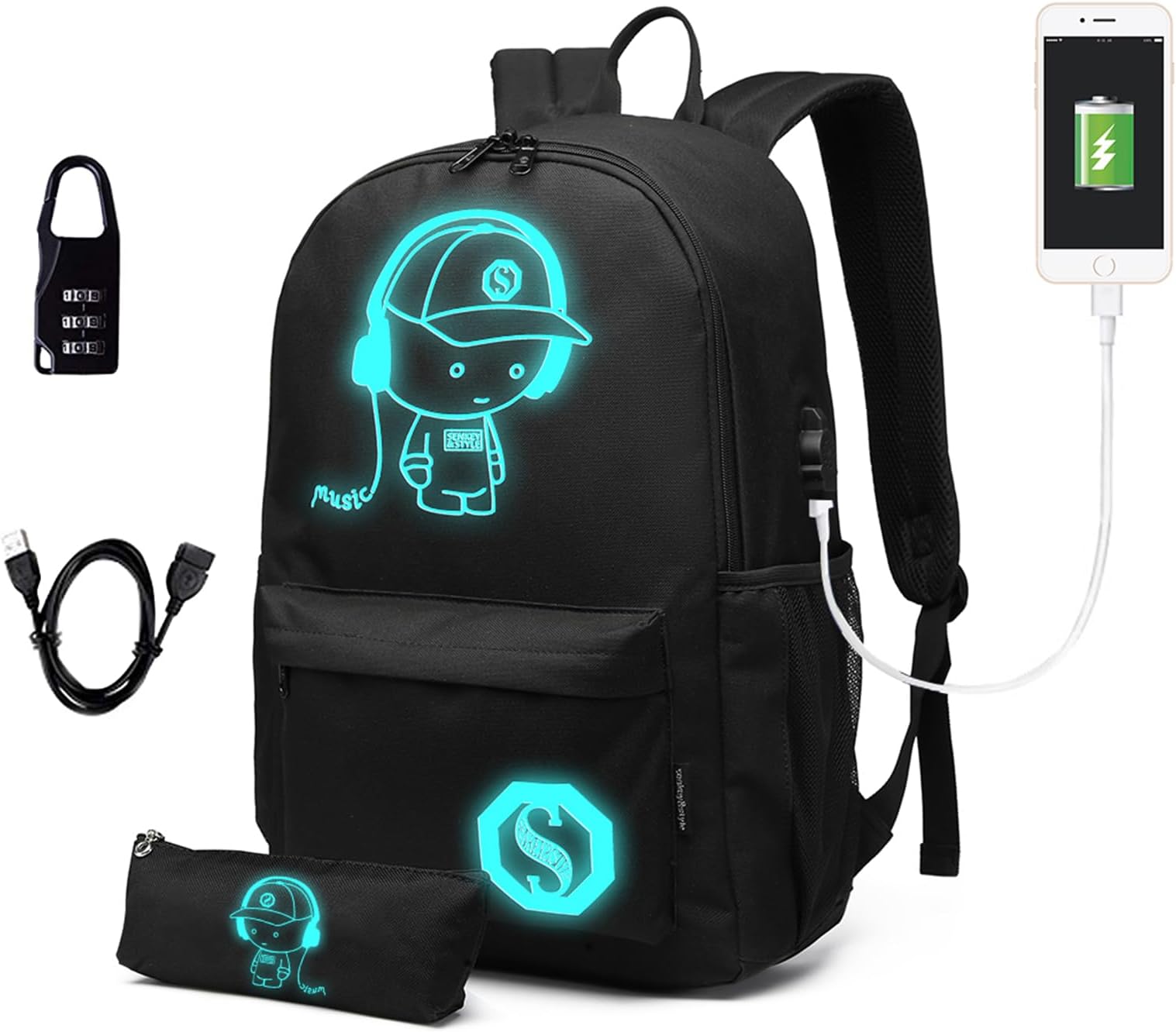 School Bag Anime Luminous School Backpack for Boys Girls Teenagers College Students Travel Rucksack Casual Daypack Glow in The Dark 15.6 inch Laptop Backpack Black