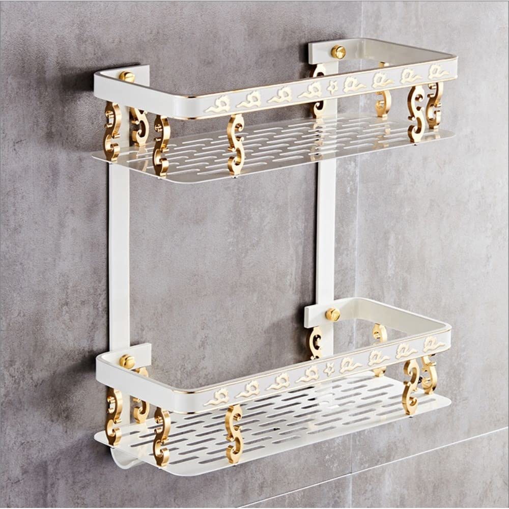 Shower Caddy Shower Shelf Square Basket Double Tier White Aluminum Toilet Storage Shampoo Holder Kichen Organizer Rack Bathroom