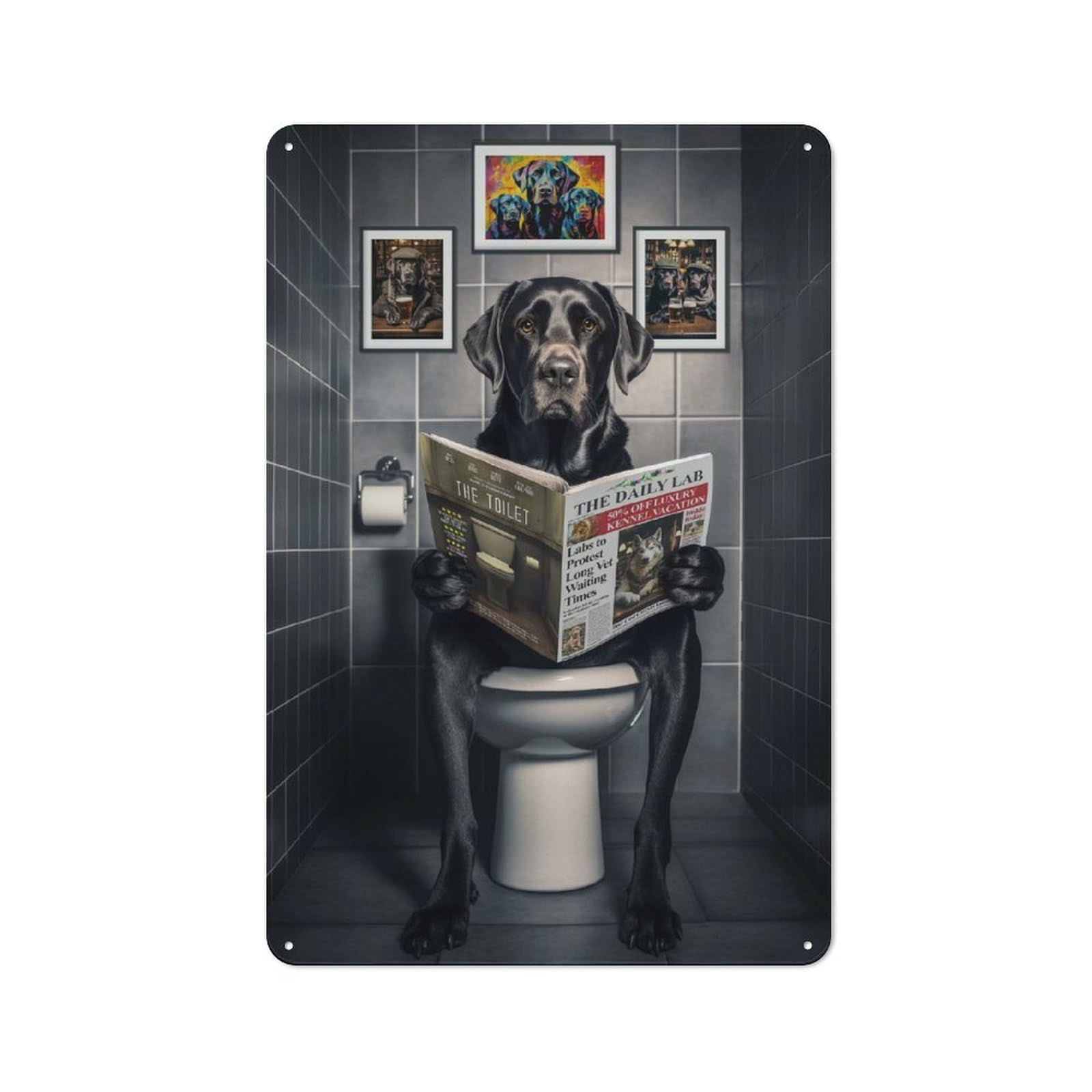 Junmoney Funny Labrador On Toilet Metal Wall Sign 30X20cm, Modern Retro Loft Wall Plaque For Flat, Bar, Studio Or Gallery Wall