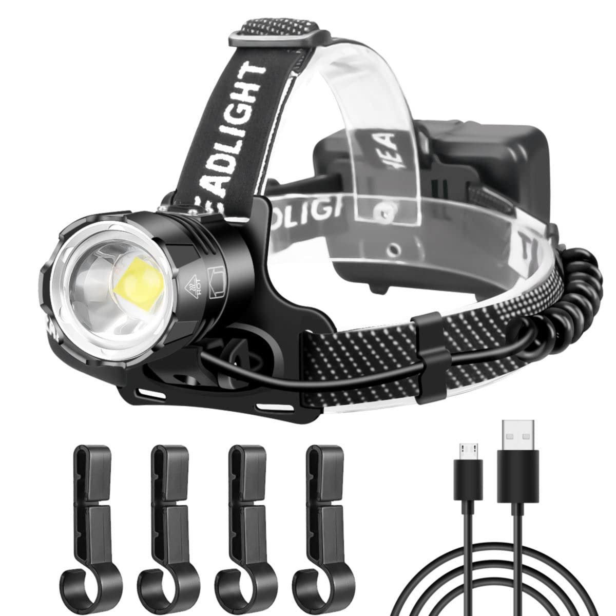 WholeFire Head Torch Rechargeable, Super Bright 30000 LM LED Headlamp, 3 Modes & Motion Sensor & IP65 Waterproof & 90°Adjustable with Red Warning Headlight for Running Hiking Fishing