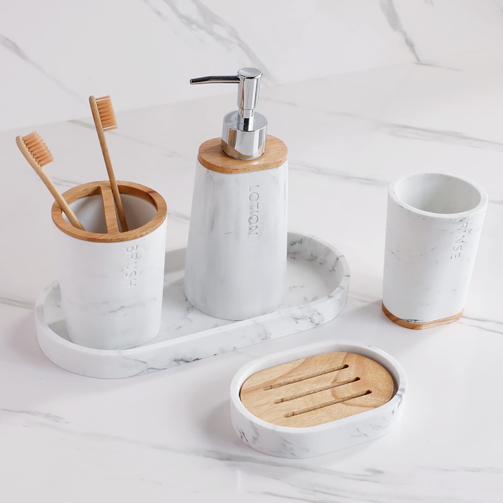 Juegos de Accesorios de baño, Simple Madera Acesorios Cuartos de Baño 5 Piezas con Escobillas de Baño Dispensador Jabon Baño Jabonera Baño Porta Cepillo de Dientes Blanco