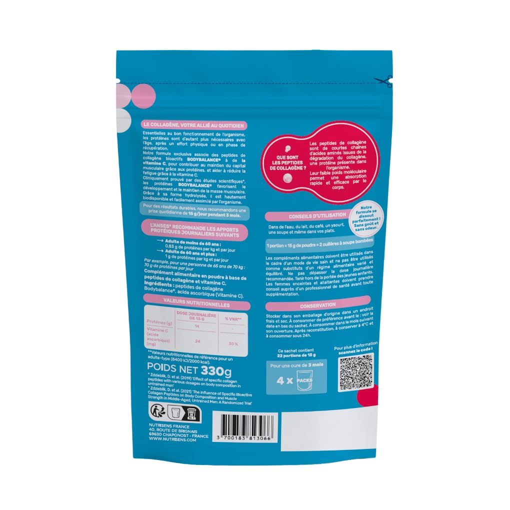 NUTRISENS Fortesens, Peptides de Collagène Poudre Type 1 et 3 + Vitamine C + Protéines, Breveté BODYBALANCE®, Soutien Articulaire, Musculaire et Perte de Masse Grasse, 330g Goût Neutre, Made in France