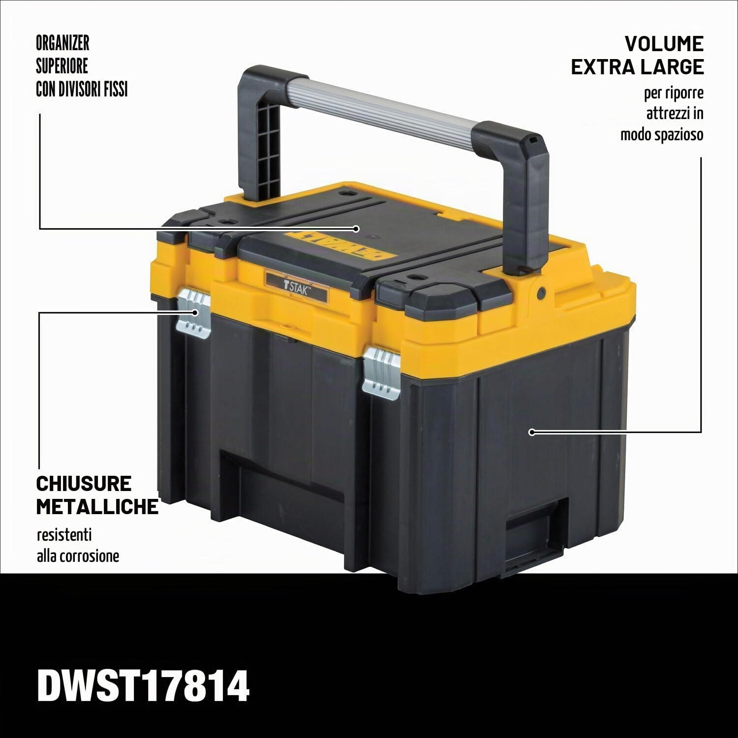 DEWALT TSTAK - Cassetta degli attrezzi con manico lungo e profondo, design extra large, divisore fisso per l'organizzazione degli attrezzi, resistente ad acqua e detriti (DWST17814)