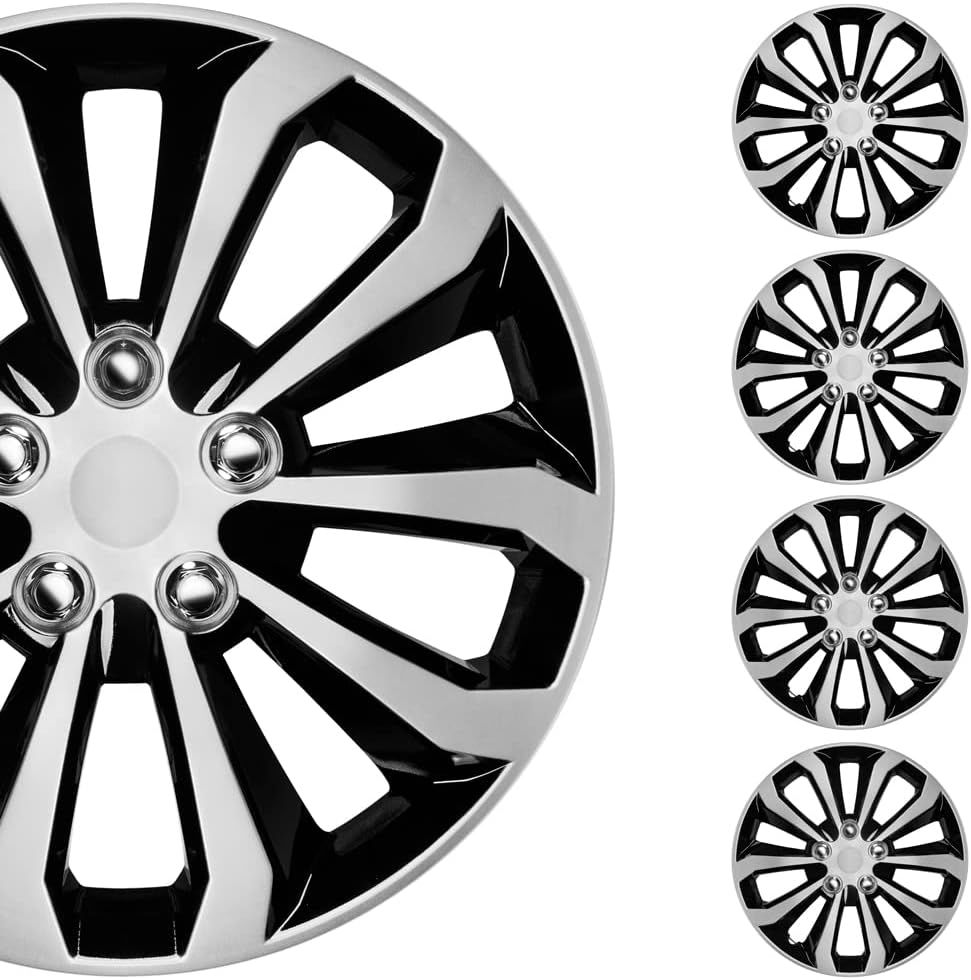 BDK (Pack of 4, Premium Hubcaps 16" Wheel Rim Cover Hub Caps Two-Tone Style Replacement Snap On Car Truck SUV - 16 Inch Set, Black/Silver, KT-1061-16-IB_azvar
