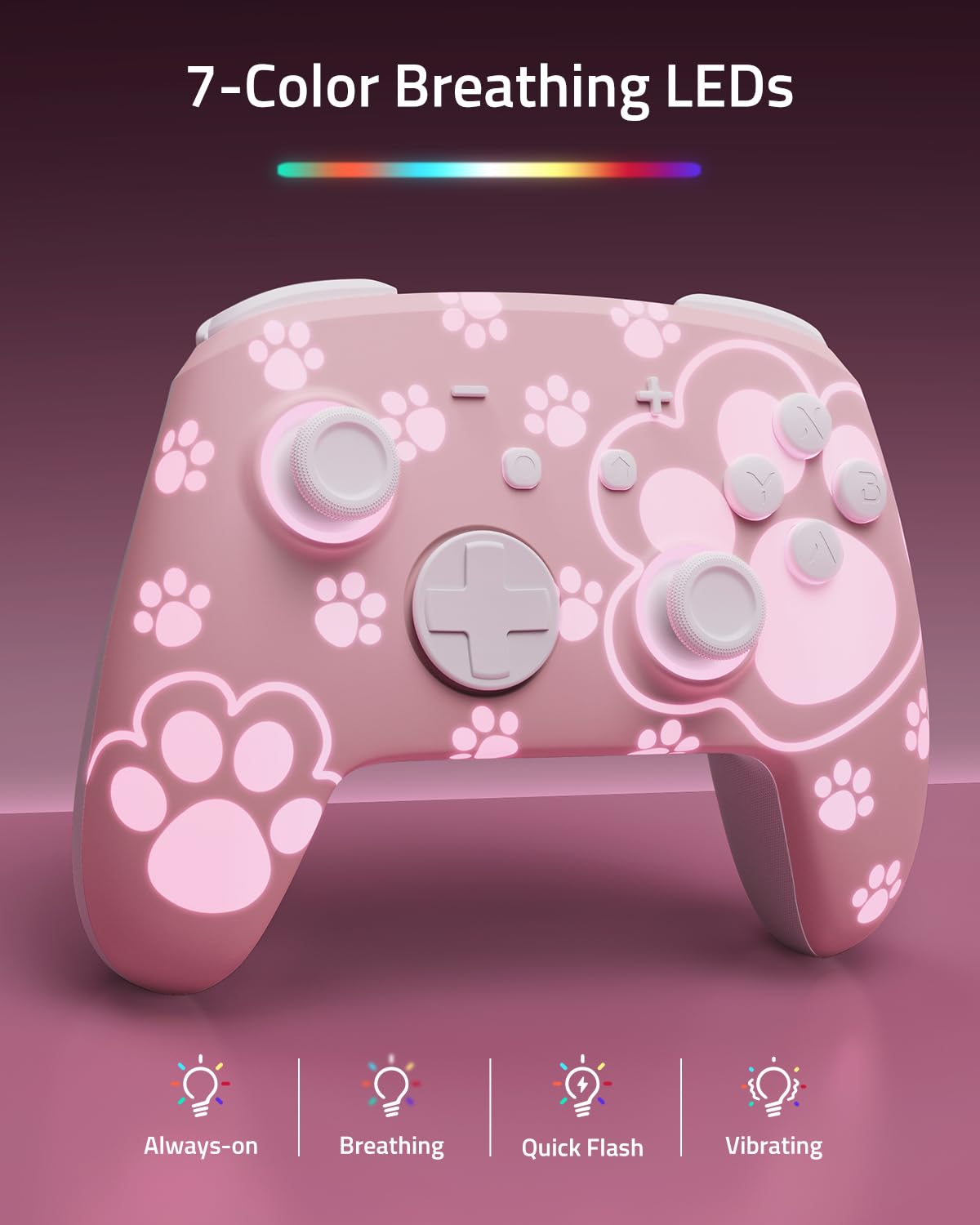 PALPOW Hall Effect Switch Pro Controller bezprzewodowy kompatybilny z Switch 2/OLED/Lite, FUNLAB Firefly Bluetooth Switch, kontroler gamepad z 7 kolorami LED/paddle/Turbo – kocia łapa, różowy