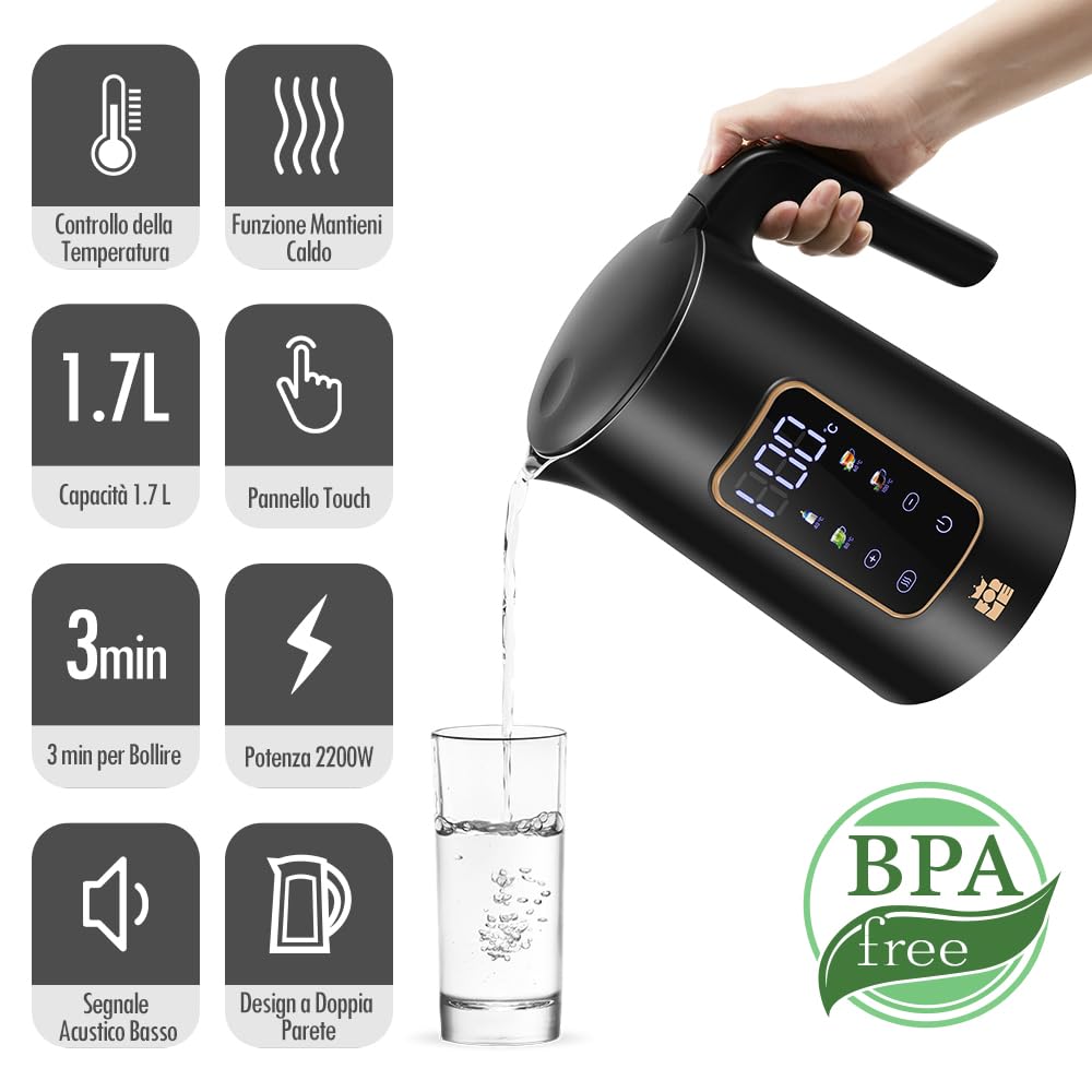 ForMe Bollitore Elettrico In Acciaio Inox 1,7 L Temperatura Regolabile da 40-100 C I Funzione di Mantenimento Caldo LED Display Digitale della Temperatura I Arresto Automatico I Teiera Senza BPA