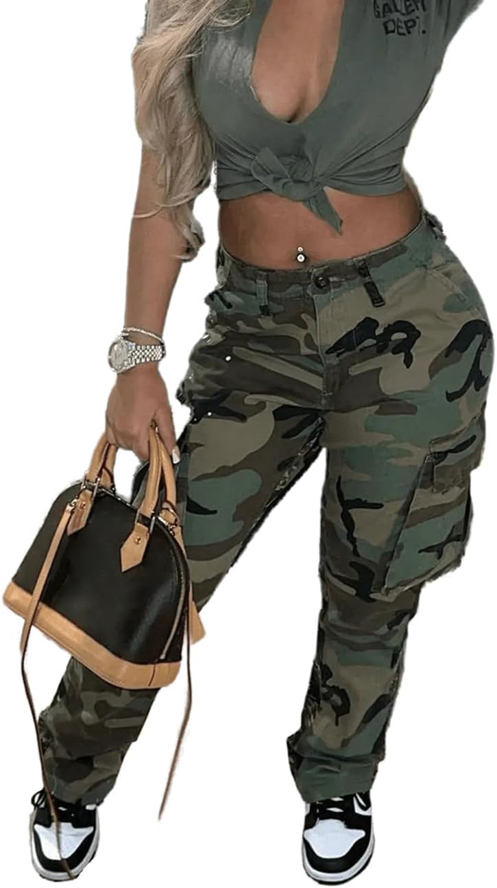 Womens Casual Camouflage Camo Cargo Long Pants with Pockets