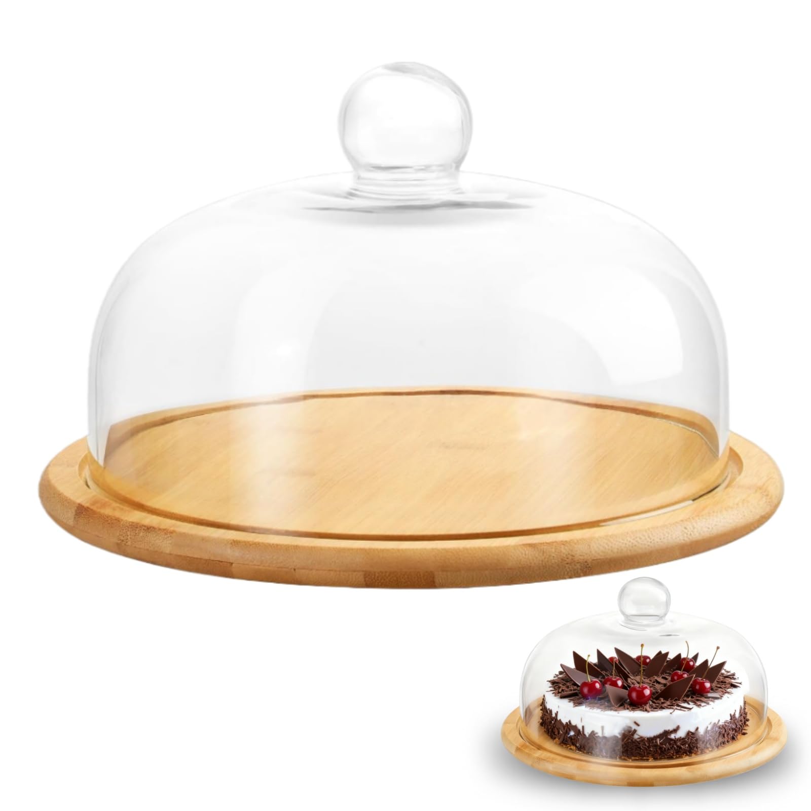Siocok Cake Stand with Dome Lid, Wood Cake Plate with Clear Glass cover, Cake Display Stand, for Birthday Wedding Party, Cakes, Pastries, Cheese, pizza, Appetizer, Display Server Tray