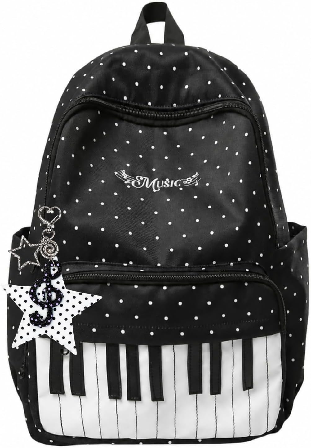 Piano Backpack Whimsical Twee Backpack Y2k Cute Bookbag Medium Daypack Cutecore Supplies (Black polka dot)