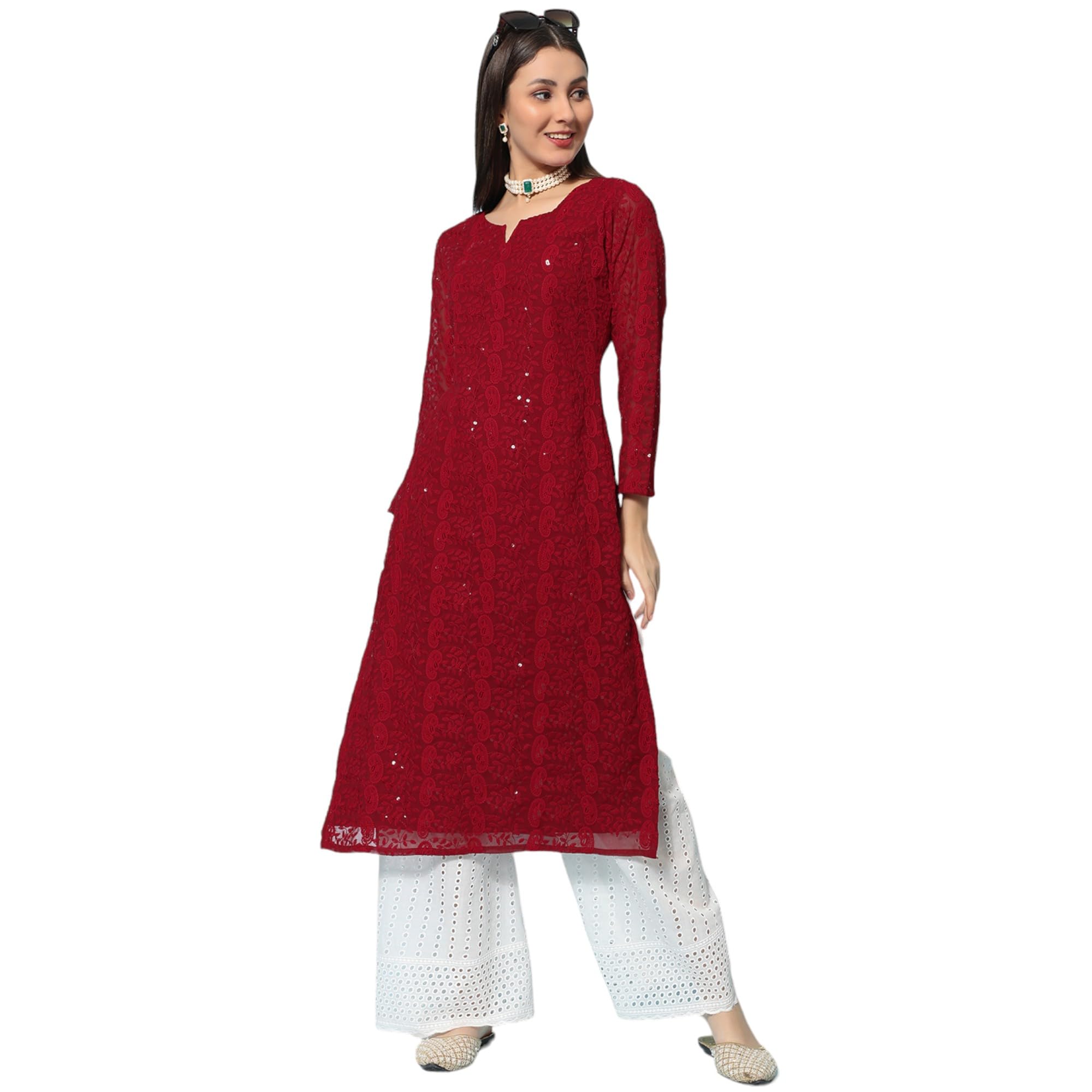 Gufrina Women's 3/4 Sleeve Lakhnavi Embroidery Work Kurta With Chikankari Palazzo Set - Elegant Ethnic Wear (Maroon M)