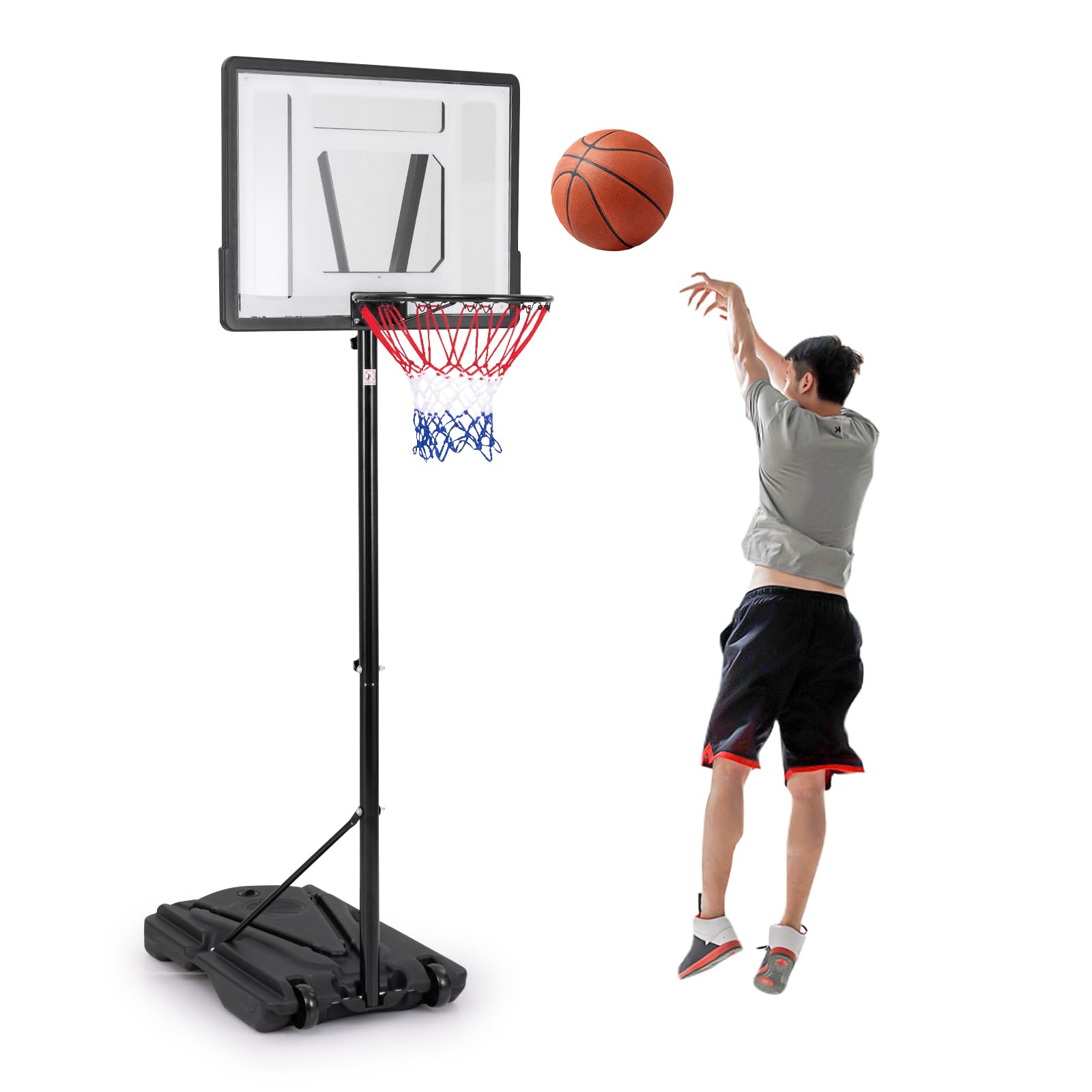 GYMAX Panier de Basket Extérieur, Réglable en Hauteur 172-305cm, avec Panneau Incassable, Base Stable et Remplissable, Roues Intégrées, pour Intérieur et Extérieur, pour Enfants, Adolescents, Adultes