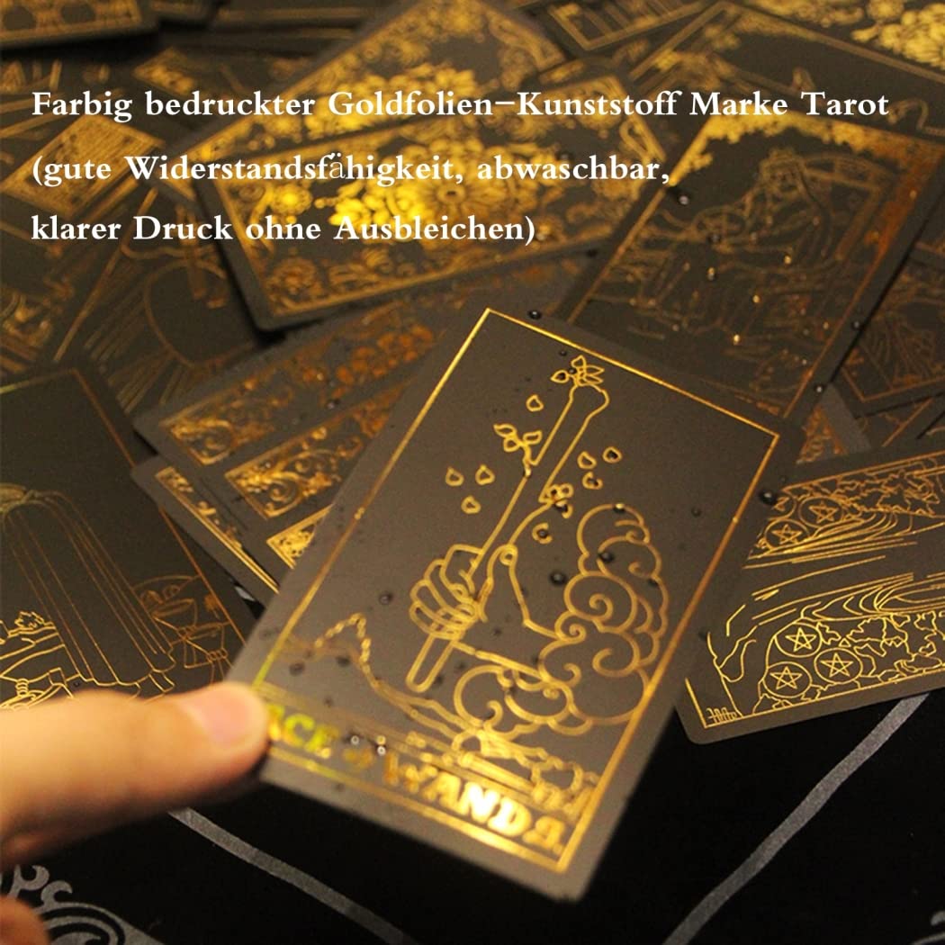 Tarot Karten Deck, Goldfolie Schwarzgold 78 Tarotkarten, mit Ratgeber & Box, Holographisch Leuchtendes Wahrsage-Spiel-Set für Anfänger, Experten und Leser, Schwarz