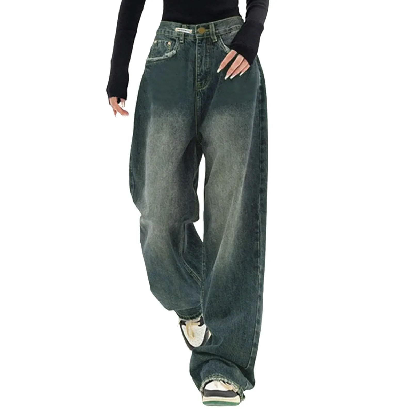 Pantalones De Mezclilla De Talle Alto De Moda Bolsillos De Calle Alta Pantalones De Mezclilla De Pierna Ancha Pantalones Vaqueros Holgados De Mujer-Azul-XXXL