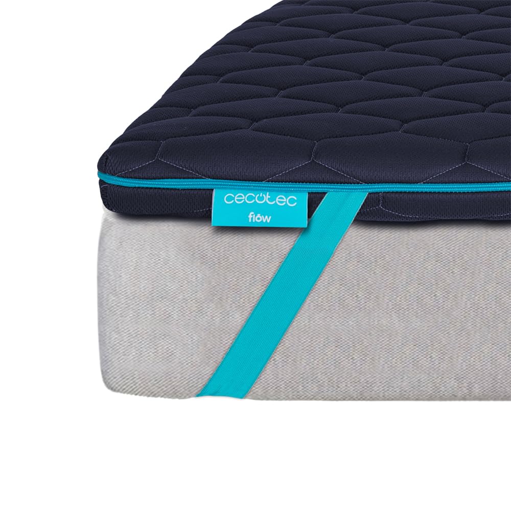 Cecotec Topper Viscoelástico Flow TopDeluxe 90x190. Cubrecolchón Sobrecolchón. Viscoelástica 100% con Acolchado de 7 cm de Altura, 4 Correas Elásticas Antideslizantes, Funda Exterior con Cremallera