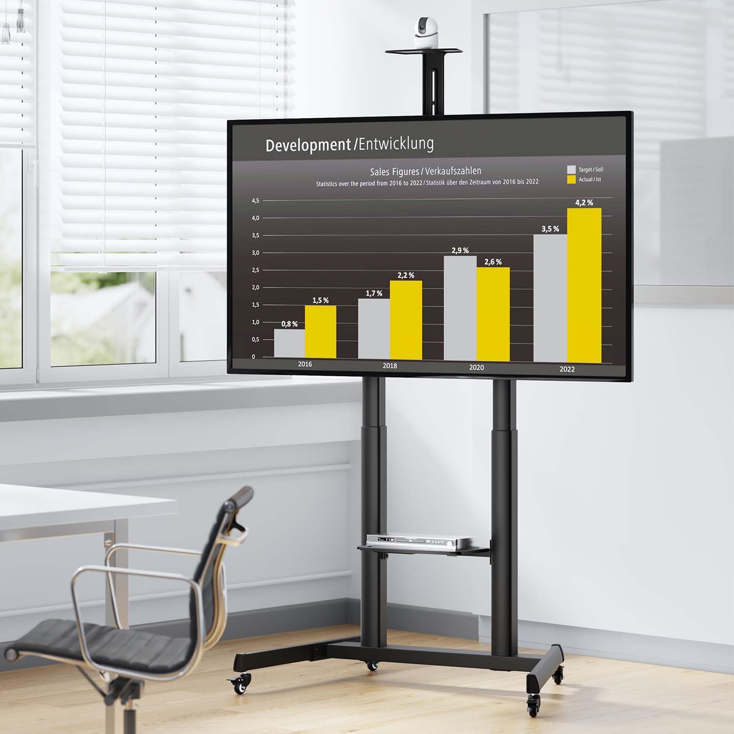 AISENS - FT100TE-403 - Soporte DE Suelo Eco con Ruedas Y MANIVELA, Bandeja para DVD Y Soporte DE CÁMARA para Monitor/TV 120KG DE 60-100, Negro