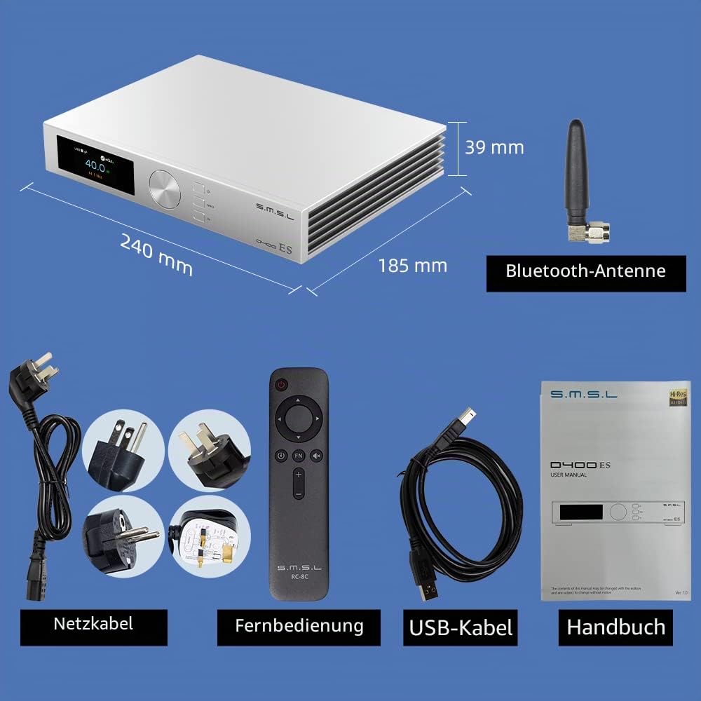 S.M.S.L D400ES Audio DAC, ES9039MSPRO Chip, MQA Hard Decoding XMOS XU-316 DSD512 PCM aptX THD+N 0.00005%(-125dB), USB/Optisch/Koaxial/Bluetooth/I²S/AES Eingang mit Fernbedienung