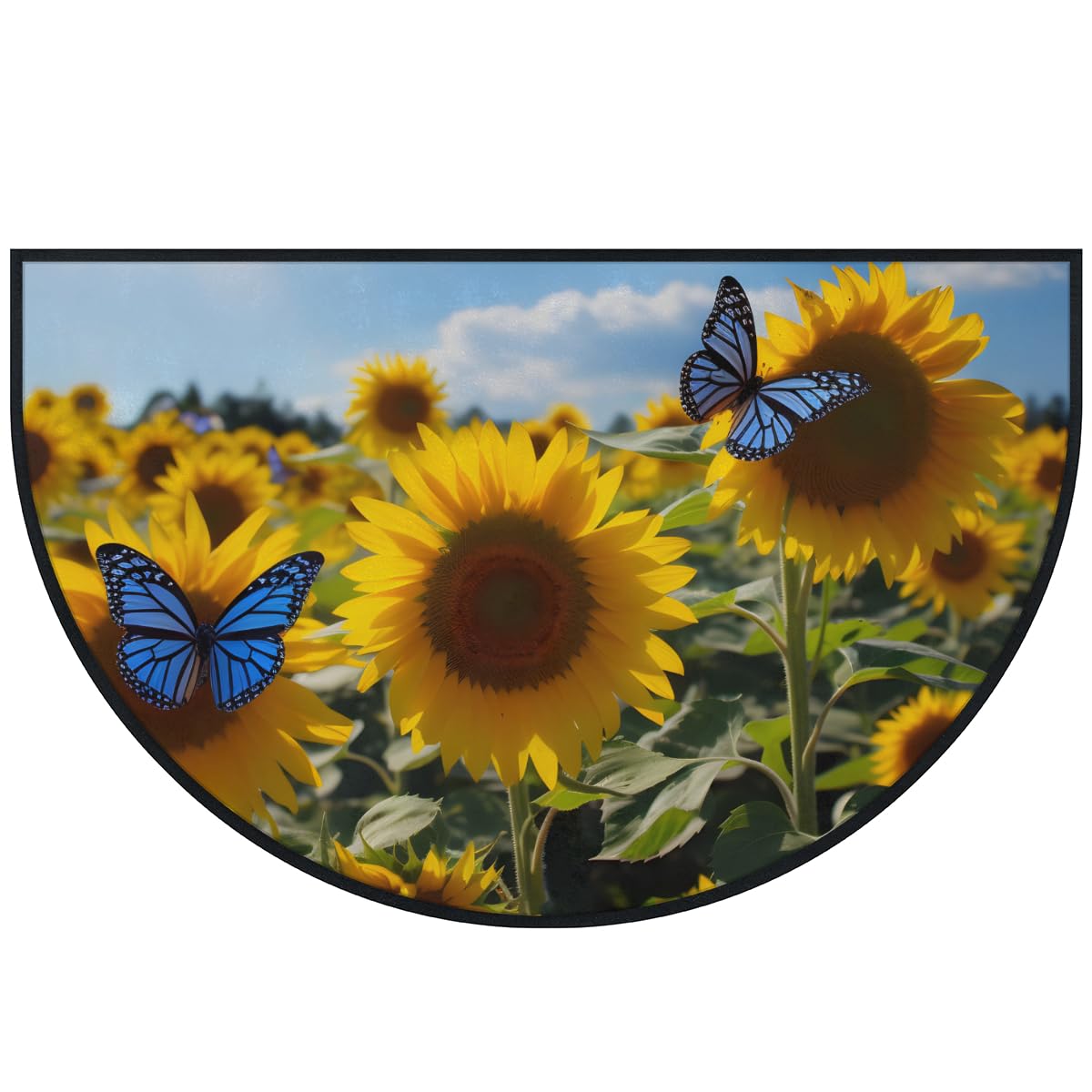 Mexpekil Paillasson demi-rond antidérapant lavable avec motif tournesols, papillon, ciel - Demi lune - Pour intérieur et extérieur - 100 x 160 cm