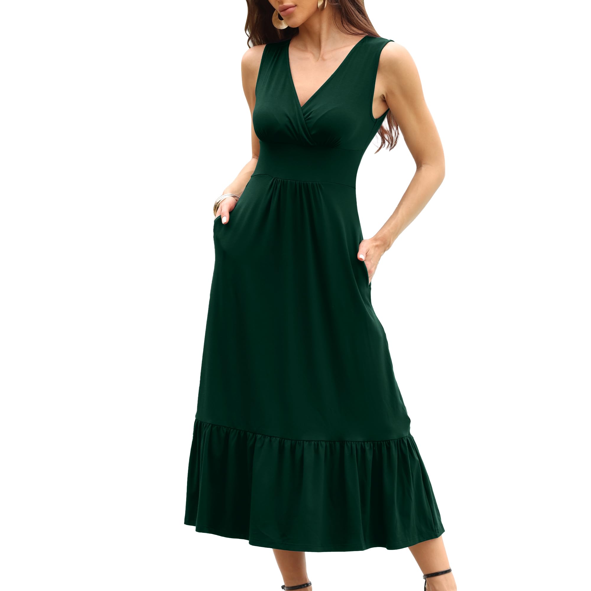 Womens Summer V Neck Dress Empire Waist Maxi Wedding Guest Cocktail Dresses Ruffle Hem A-Line Flowy Long Formal Outfits
