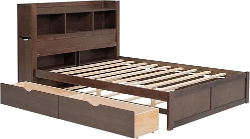 Miniatura 118 de Cama de plataforma de tamaño Queen con cabecero y cajones, marco de cama de plataforma de madera maciza con estantes, puertos USB y enchufes, marco