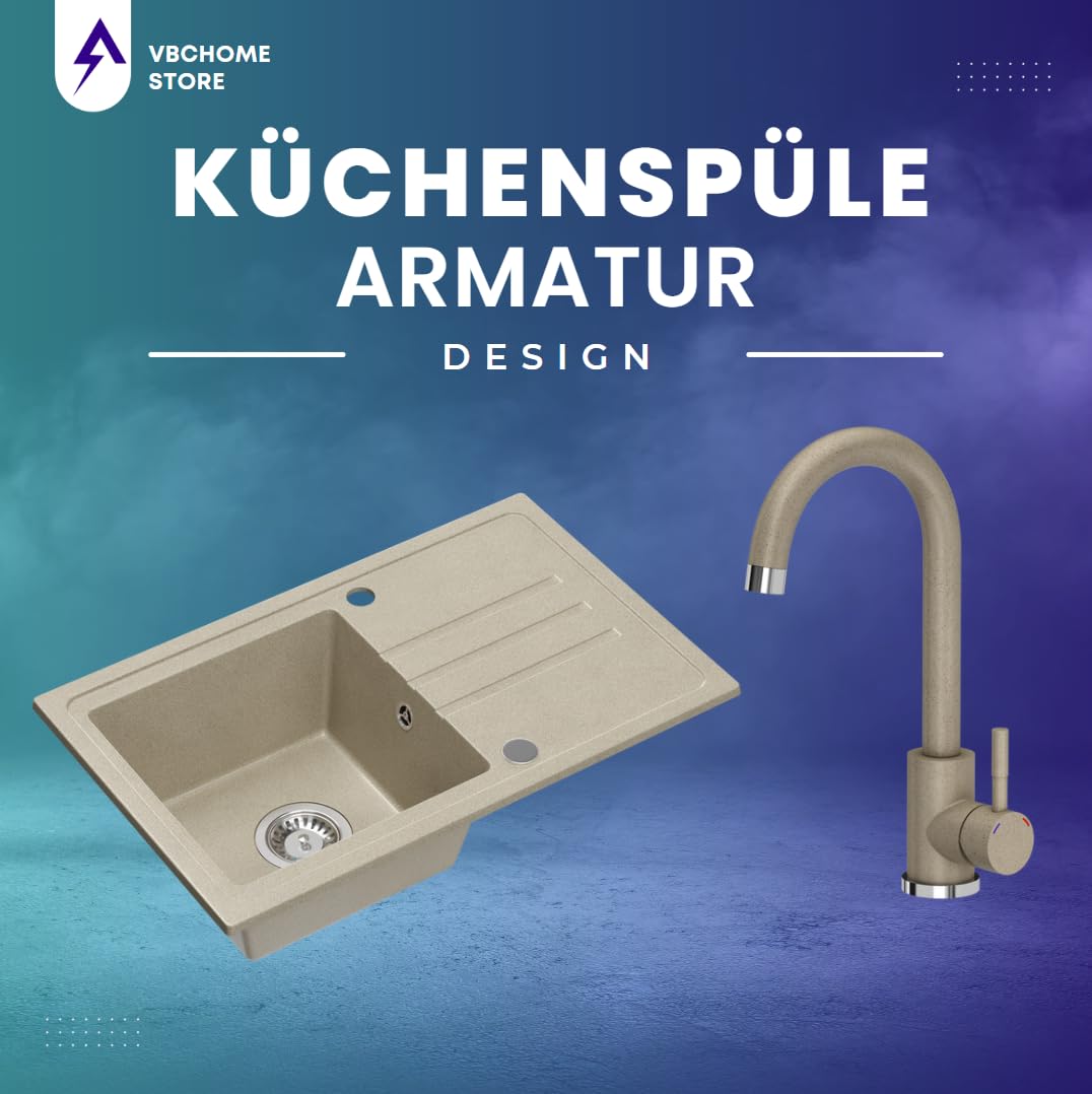 VBChome Fregadero de granito beige con grifo, 70 x 44 cm, empotrable, reversible, de granito, con caño extraíble, acero inoxidable