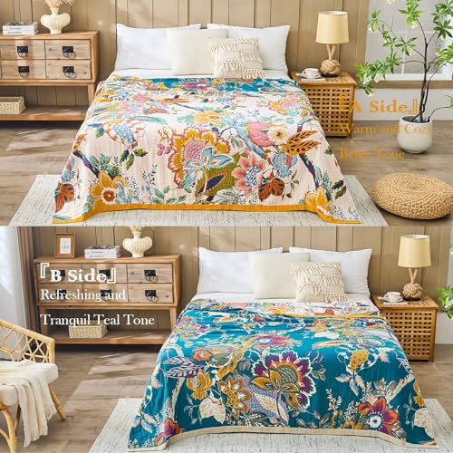 Image of XIBLC Boho Throw Blanket 100% Cotton Vintage Blanket Muslin Woven Flower Decorative Throw Blankets All Season Bohemian Rustic Farmhouse Decor Quilt for Bed (Yellow 80 inchx90 inch)