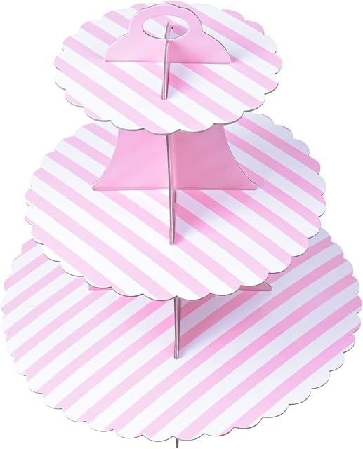 Bezavea 3-Tier Cardboard Cupcake Stand for Afternoon Tea, Stripe Cake Stand, Round Dessert Stand Cupcake Holder Tower, Serving Platter Stand for Baby Shower, Wedding, Birthday Party, 7" 10" 12" (Pink)