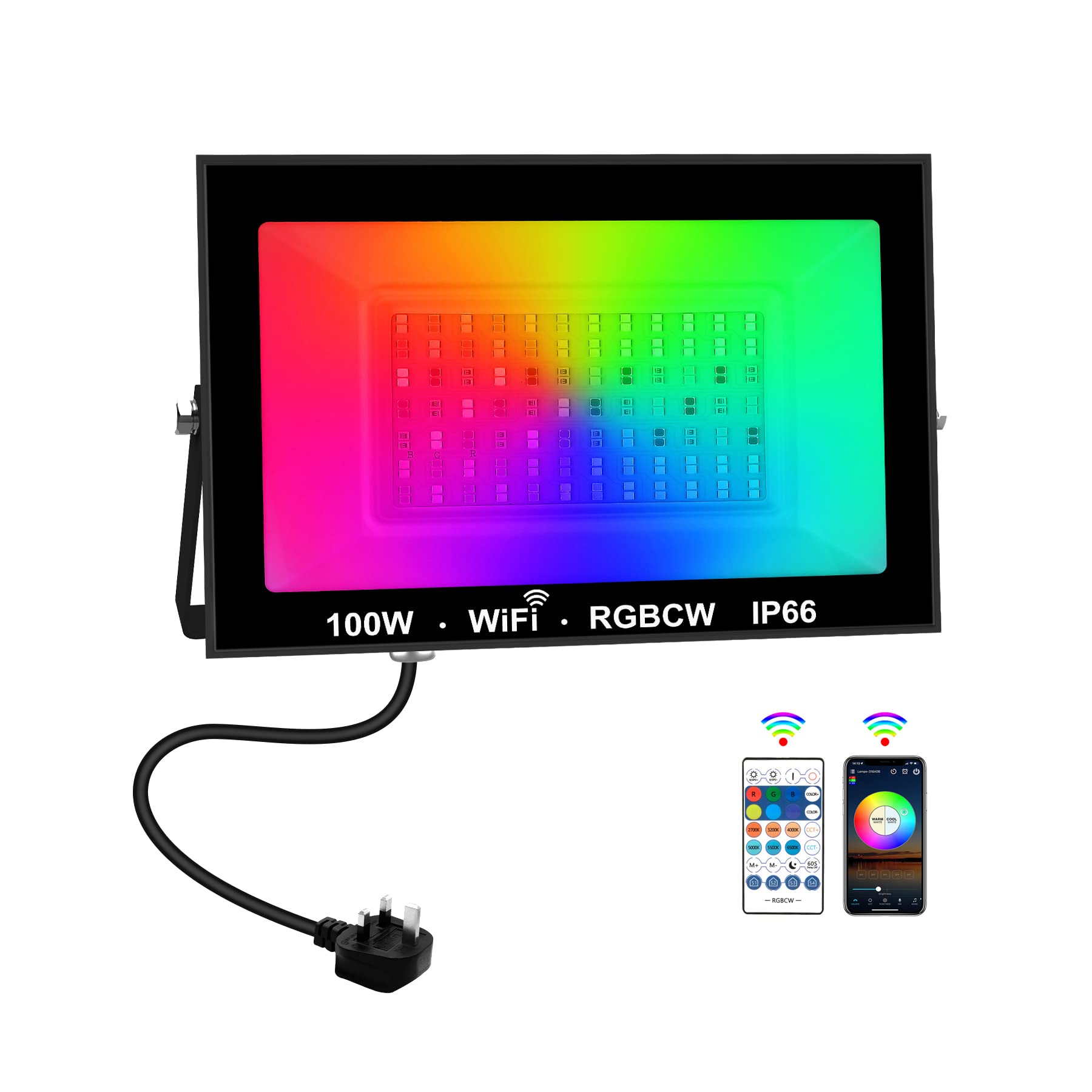 Smart LED RGBW Floodlight Outdoor 100W, Colour Changing Flood Light IP66 Waterproof, WiFi Floodlight APP Control with Timing, Halloween Lights Outdoor, for Party Deck Stage dj Garden