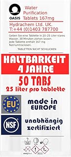 Wasserreinigungstabletten [50Stk] *NSFgeprüft* Vorteilspack 100% keimfreies Trinkwasser 25Ltr/Tablette + Handschuhe PE | Wasserentkeimungstabletten fur Krisenvorsorge Outdoor, Notfall
