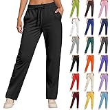 Womens Joggers with Pockets, Straight Leg Tracksuit Bottoms for Running Gym, Fleece Lined Winter Sweatpants Lounge Pants